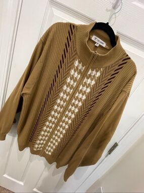 Stacy Adams Men’s 2XL Tan Brown Houndstooth Zip Up Sweater Jacket Cardigan